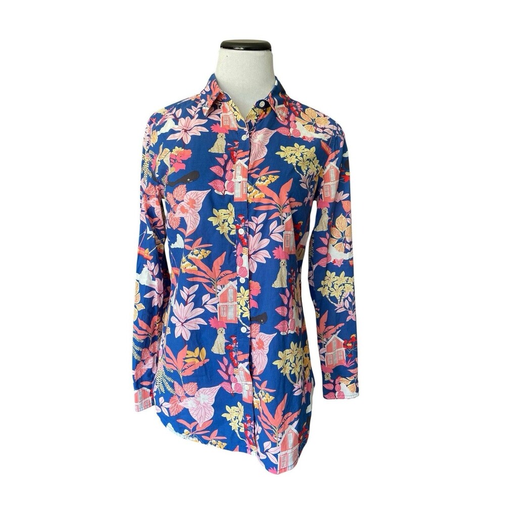 J. McLaughlin Womens Lois‎ Shirt Size S Blue Along The Coast Cottage Dog Floral